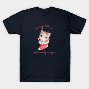 Blue Illustrated Cute Christmas Cat T-Shirt